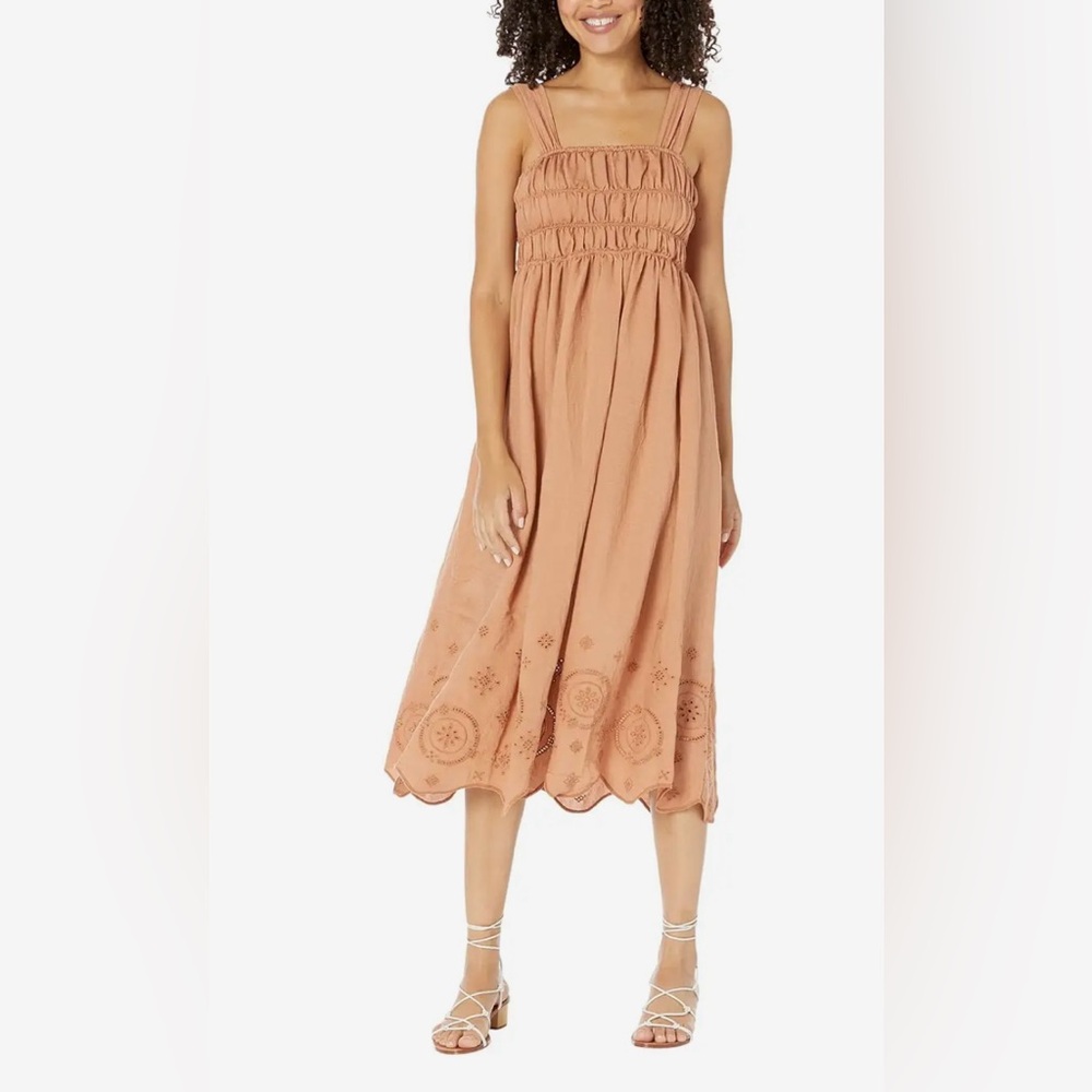 MOON RIVER Brown Midi Dress with Embroidery Eyelet Detail Size Medium
